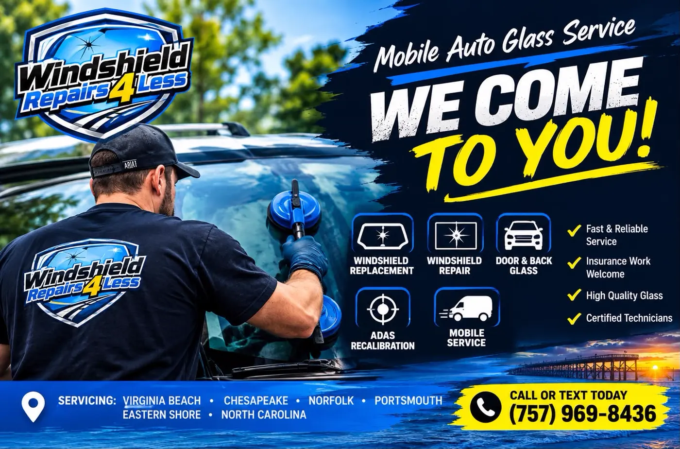 Windshield Repairs 4 Less technician installing a windshield on site with suction cups